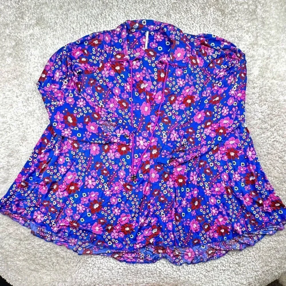 Free People Daisy Jane Botanical Floral Mini Dress Blue Pink XS FLAW - Picture 2 of 11